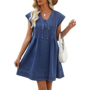 Denim Dress Women V-Neck Short Sleeves Pockets Casual Summer Fit